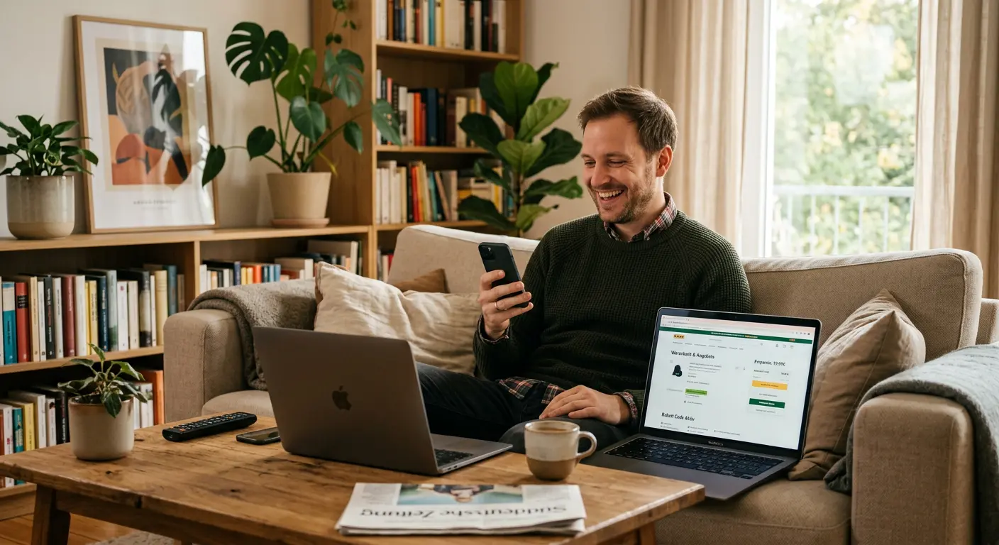 Zufriedener Nutzer beim Online-Shopping mit Cashback